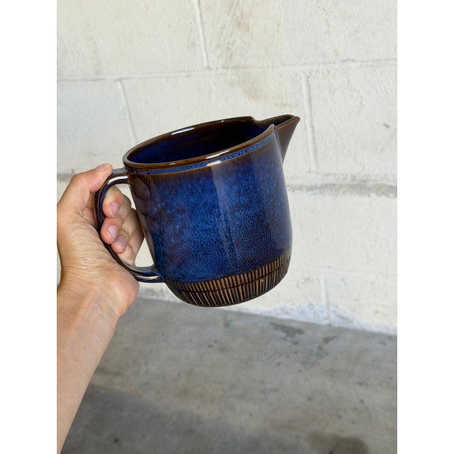 Ceramic Ceramic Pitcher With Flared Spout and Cobalt Blue Glaze Gefle Kosmos Mid-Century Modern 1960s For Sale - Image 7 of 9