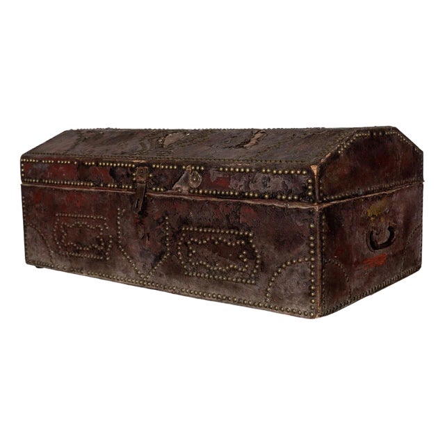 Antique Leather Studded Chest For Sale
