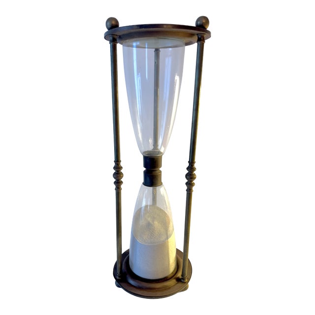 Solid Brass and Glass Classic Hour Glass With Sphere Finials and Feet For Sale