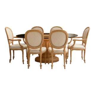 Vintage Carved Wood Oval Glass Dining Set With Six Upholstered Chairs For Sale