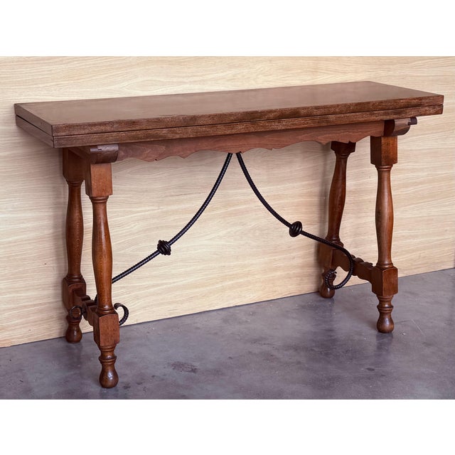 20th Century Spanish Console Fold Out Farm Table with Wood Stretcher For Sale - Image 18 of 18