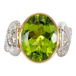 5.8cts Peridot Ring With Natural Diamonds Accents: Solid 14k Gold, Size 6.75 For Sale