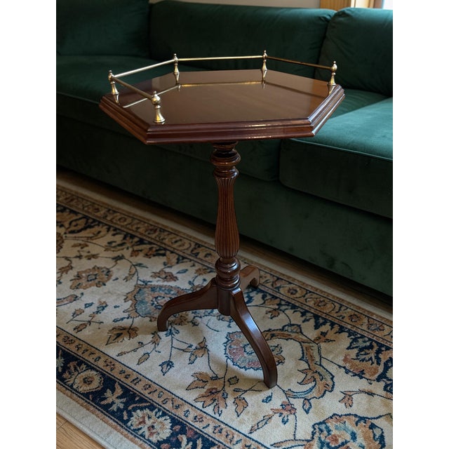 Late 20th Century Ethan Allen Georgian Court Hexagon Side Drinks Table With Brass Rail For Sale - Image 5 of 11