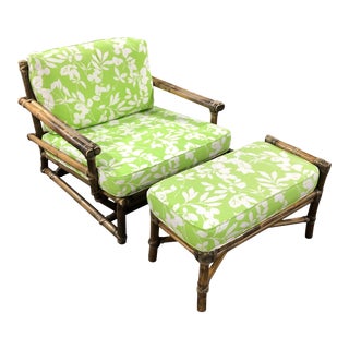 Vintage McGuire Rattan Armchair and Ottoman For Sale