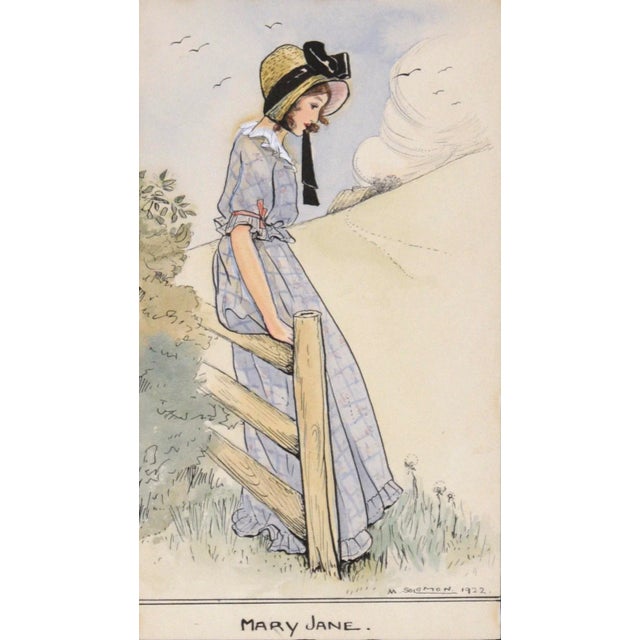 Finely detailed figurative illustration of a young woman leaning against a fence. The woman is wearing a plaid dress and...