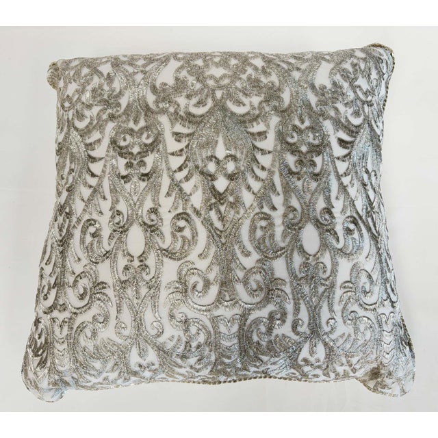 Metal Turkish Ottoman Revival Silver Metallic Embroidered Linen Decorative Pillow For Sale - Image 7 of 16