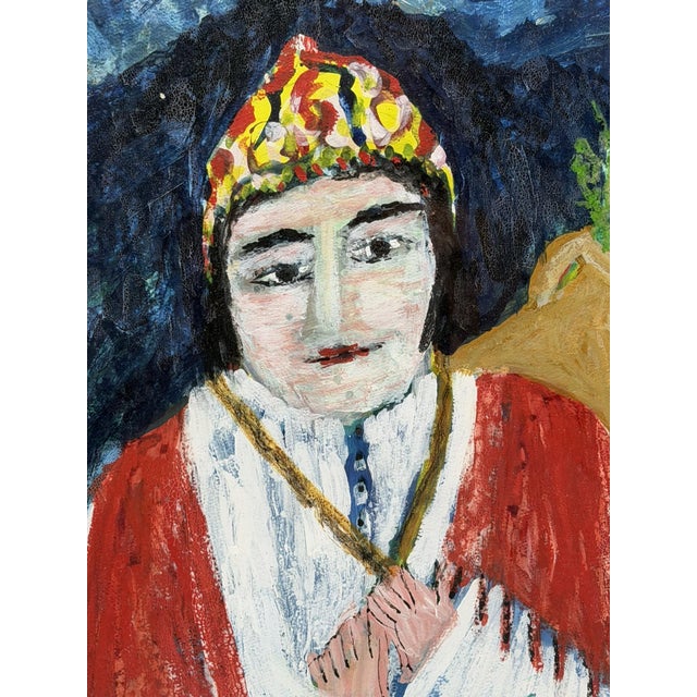 Paper 1970s Mohamed Hamri Moroccan Modernist Portrait of Woman, Oil & Gouache Painting For Sale - Image 7 of 18