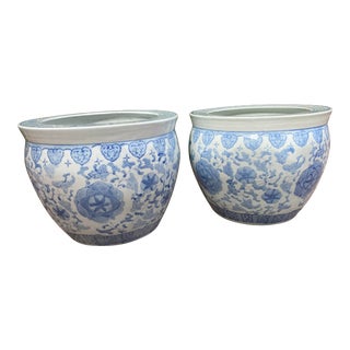 Vintage Chinoiserie Blue and White Ceramic Planters - a Pair For Sale