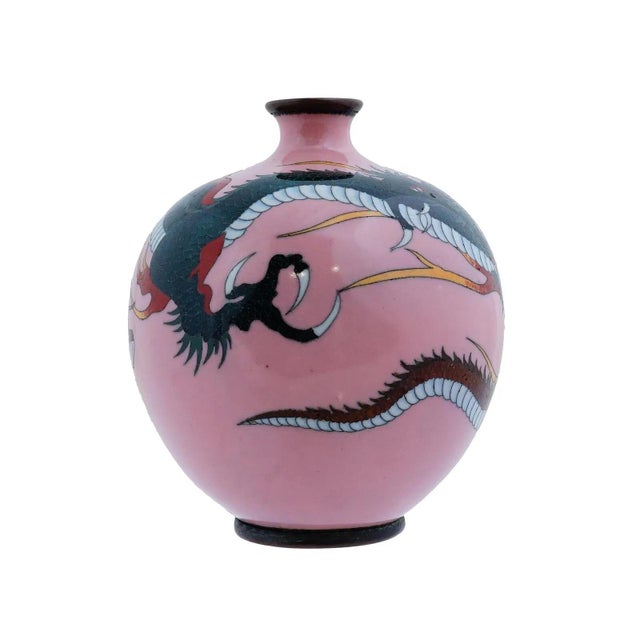 Japanese Antique Meiji Japanese Cloisonne Pink Enamel Goldstone Vase Dragons For Sale - Image 3 of 6