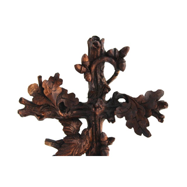 Folk Art Antique 19th Century Black Forest Hand-Carved Wooden Cross With Birds and Acorns For Sale - Image 3 of 14