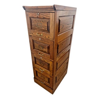 Vintage Dark Tiger Oak File Cabinet Four Locking Drawers, Paneled Sides Legal For Sale