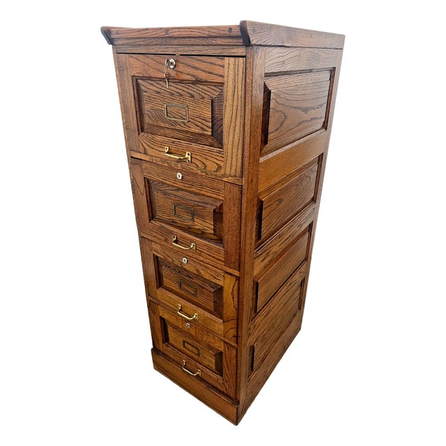 Vintage Dark Tiger Oak File Cabinet Four Locking Drawers, Paneled Sides Legal For Sale