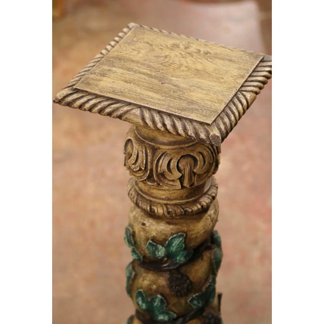 Paint Pair of 18th Century French Carved Polychrome Pedestals With Birds & Grapevines For Sale - Image 7 of 12