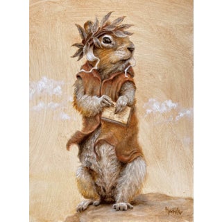 Dante Ali-Chip-ieri by Dana Hawk | Oil on Panel Painting of a squirrel wearing a crown and holding a book For Sale