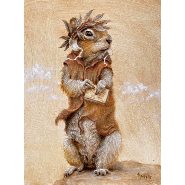 Dante Ali-Chip-ieri by Dana Hawk | Oil on Panel Painting of a squirrel wearing a crown and holding a book For Sale