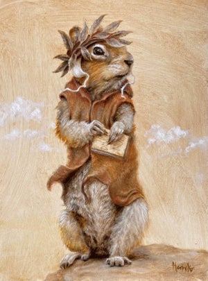 Dante Ali-Chip-ieri by Dana Hawk | Oil on Panel Painting of a squirrel wearing a crown and holding a book