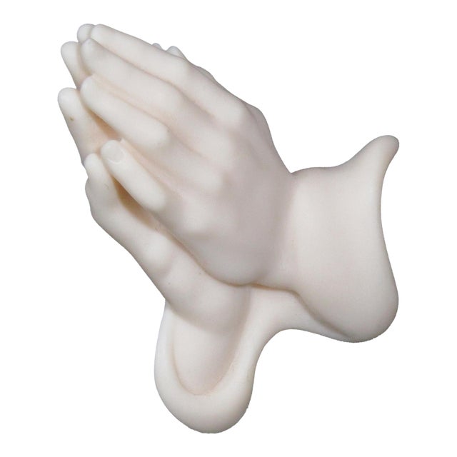 Vintage 3-D Praying Hands Sculpture on Glass Panel With Acrylic Stand For Sale