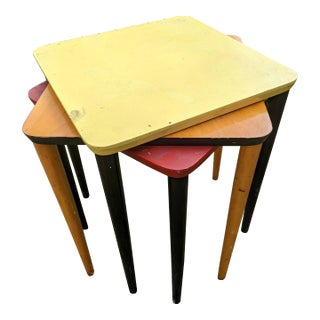 1950s Fran Hosken Painted Yellow & Red With Black Wood Stacking Tables - Set of 3 For Sale