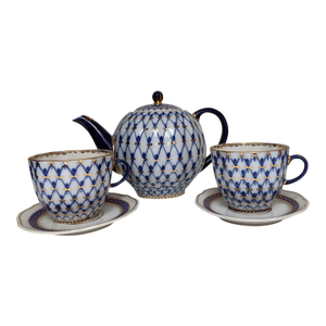 1940s Small Teapot by Lomonosov Cobalt Net Pattern - Set of 5