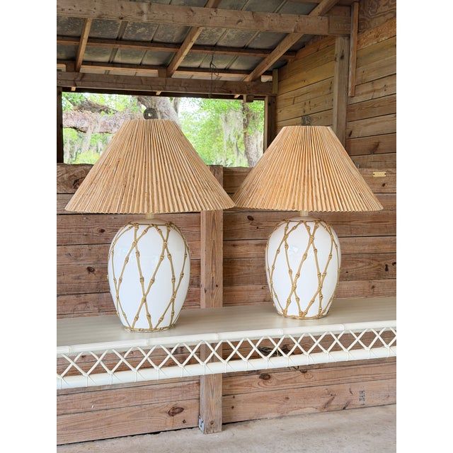 Vintage Hollywood Regency Boho Faux Bamboo “Icing” Ceramic Table Lamps With Raffia Shades - A Pair For Sale - Image 11 of 12
