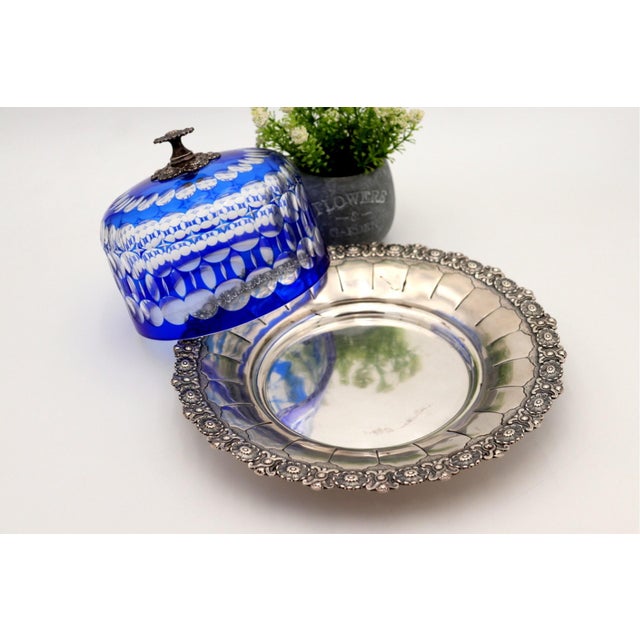 Cheese Bowl in Blue Cut Glass with Silver Plate, Set of 2 For Sale - Image 4 of 7
