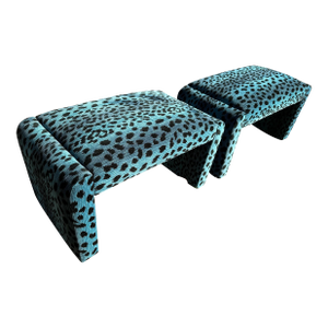 1980s Vintage Leopard Waterfall Stools Reupholstered With Blue Leopard by Lillian August for Hickory White Fabric - Set of 2