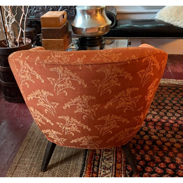 Mid Century Barrel Club Chair With Original Asian Damask Upholstery For Sale In New York - Image 6 of 9