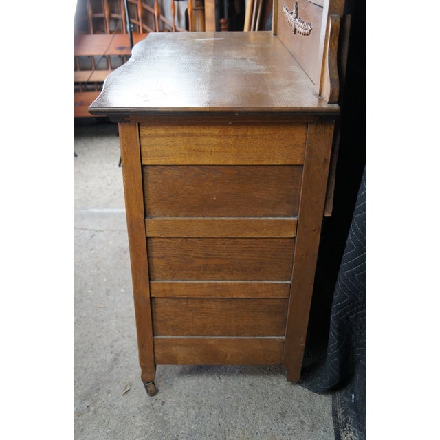 Antique Victorian Quartersawn Oak Serpentine Mirrored Chest of Drawers Dresser For Sale - Image 9 of 16
