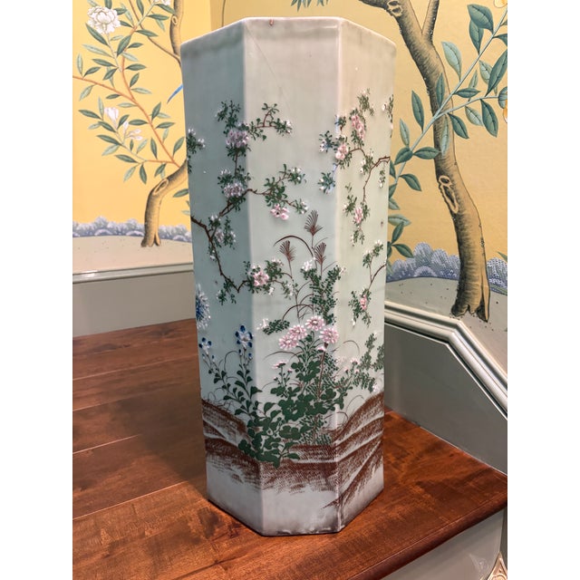 Late 19th Century Japanese Porcelain Celadon Hexagonal Umbrella Stand With Birds and Flowers For Sale - Image 4 of 12