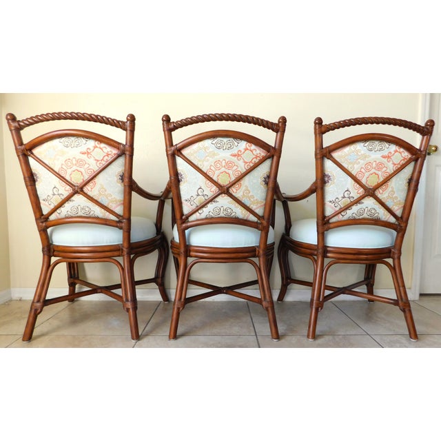 Late 20th Century Set of 3 Palecek Rattan Barley Twist Upholstered Accent Arm Chairs For Sale - Image 5 of 12