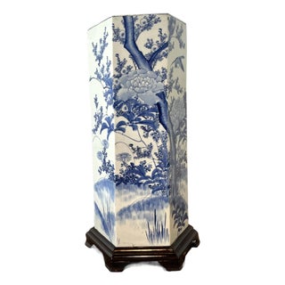 Vintage Asian Blossom Blue and White Umbrella Stand For Sale