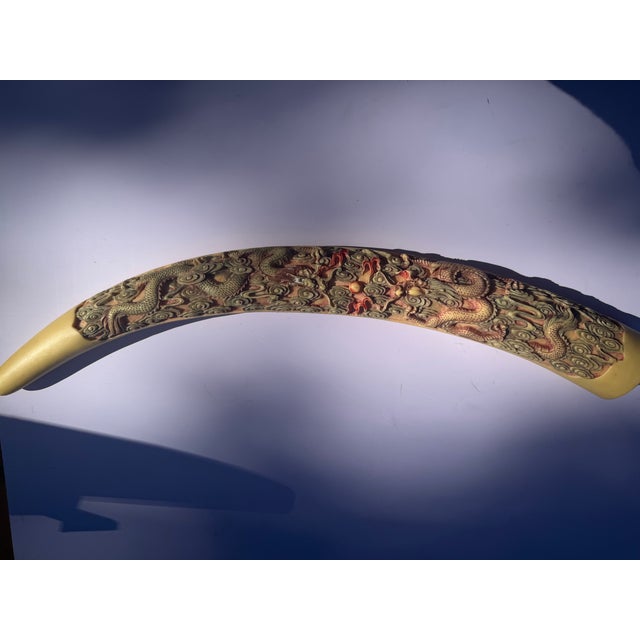 Vintage Mid-Century Chinoiserie Faux Ivory Carved Resin Dragon Tusk 23” Long Statement Piece For Sale - Image 11 of 12