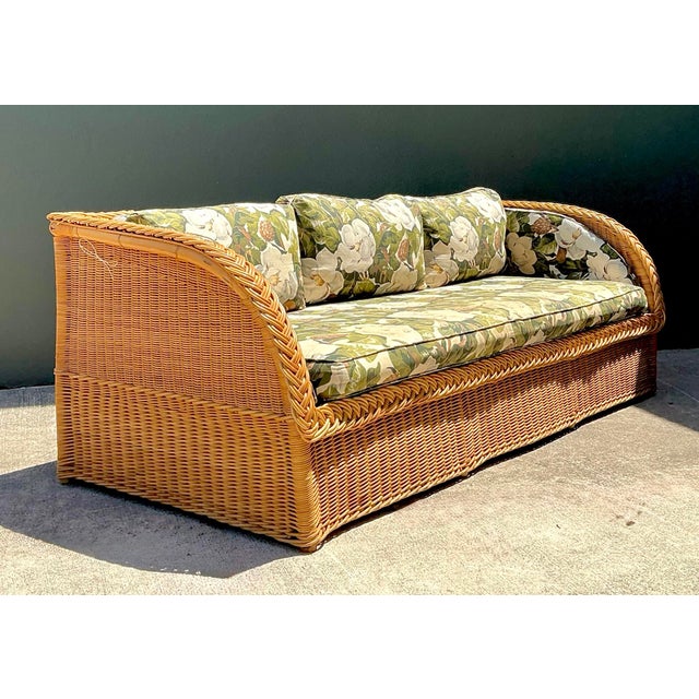 Vintage Braided Rattan Magnolia Print Sofa For Sale - Image 10 of 12