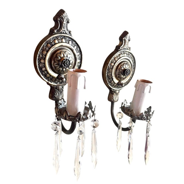 1910s Brass With Original Silverplate Sconces With Crystal Drops For Sale - Image 4 of 8