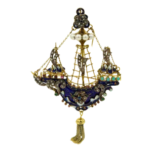 Renaissance Revival Enamel Diamond Jeweled Ship Boat Galleon Gold Brooch Pendant