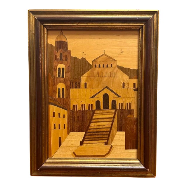 Vintage Italian Sorrento Marquetry Wood Inlay Plaque of Amalfi Cathedral, Dated 1985 For Sale