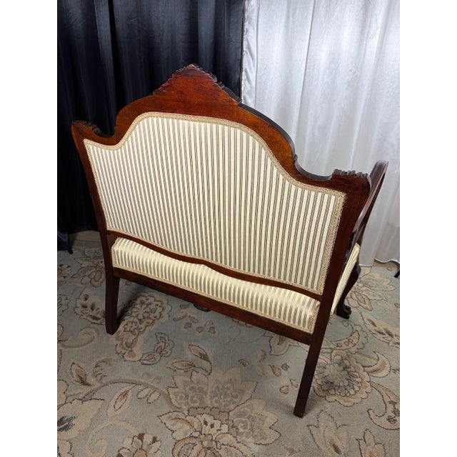Late 19th Century Victorian Carved Mahogany Settee in Shimmering Cream & Gold Ball and Claw Feet For Sale - Image 10 of 13