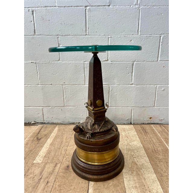 Metal Vintage Hollywood Regency Turtle Pedestal Side Table With Brass and Glass Top For Sale - Image 7 of 12