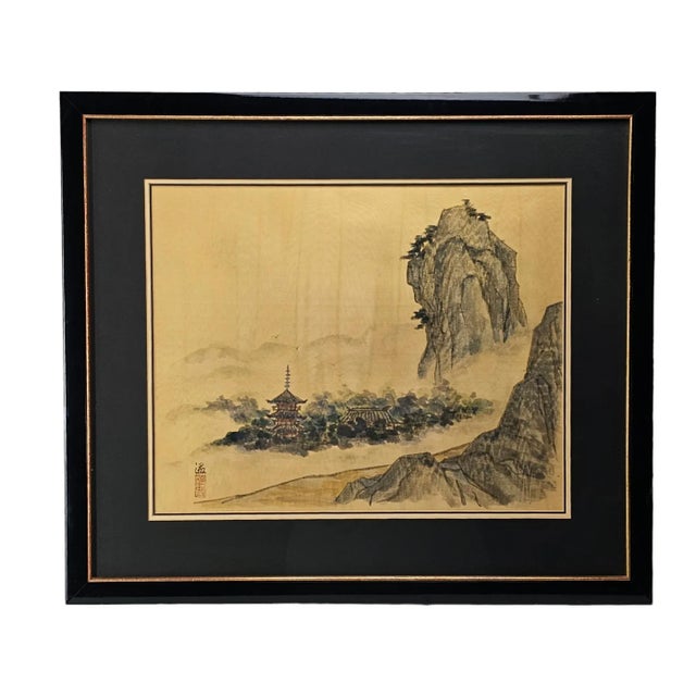 Chinese Ink and Color on Silk Landscape with Temple, Signed with Artist’s Seal, Republic Period (1912–1949) A refined...