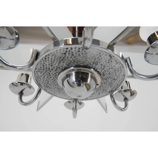 Art Deco Chandelier in Chrome, Wood and Sandblasted Glass, 1940s For Sale - Image 6 of 13