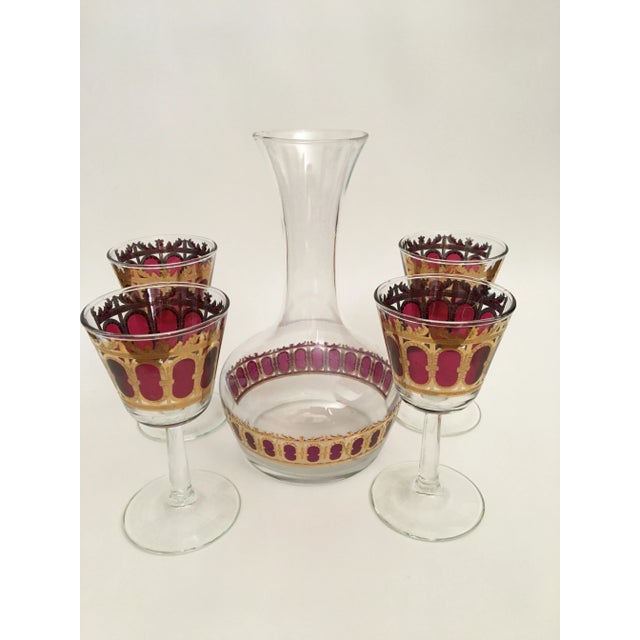 1960s Mid-Century Modern Culver Cranberry Scroll Carafe Set With Four Stems- 5 Pieces For Sale - Image 5 of 5