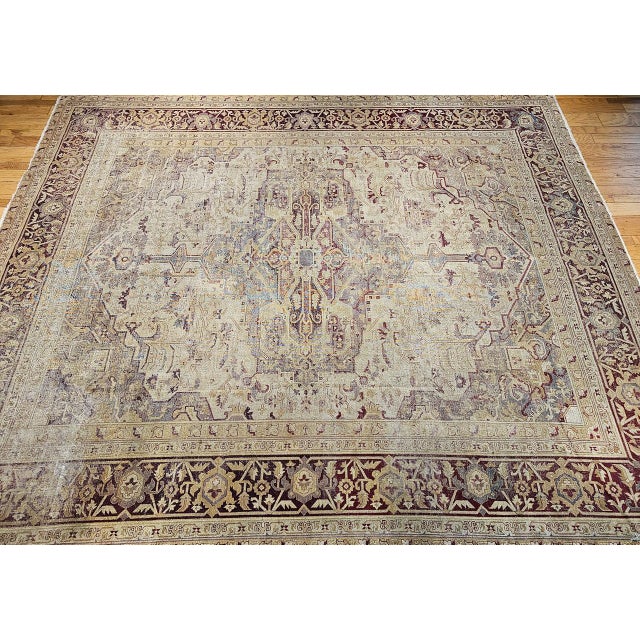 Tan 19th Century Agra Rug, Hand-Knotted Wool, Geometric Design, Pale Purple & Gray, 12' X 14’ For Sale - Image 8 of 18