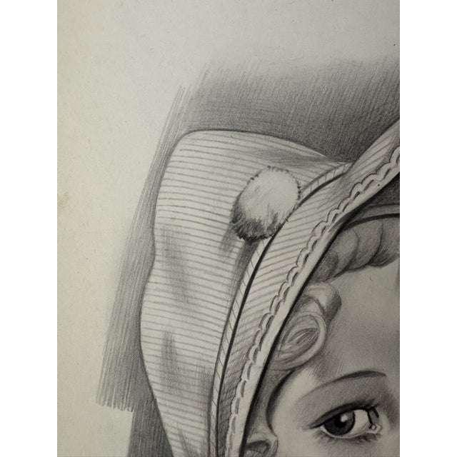 American 1940s Original Signed Graphite Illustration of Young Girl in Bonnet, 12 × 9.5 In. For Sale - Image 3 of 5