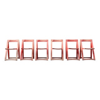 Mid-Century Folding Chairs in Red Beech, Set of 6 For Sale