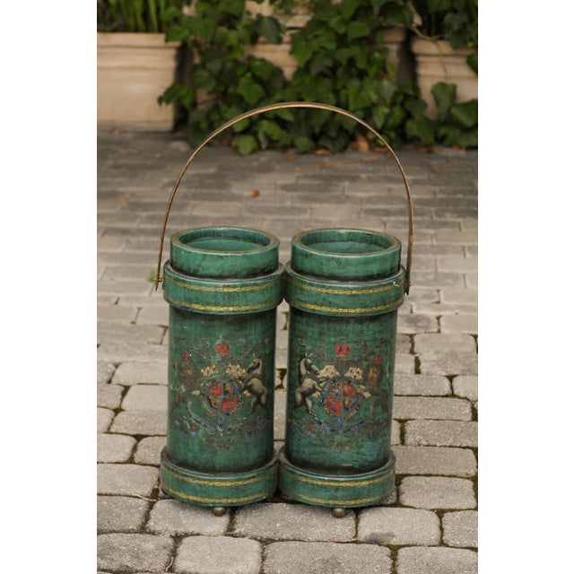 English Double Leather Bucket with Handle and Royal Coat of Arms, circa 1920 For Sale - Image 4 of 11