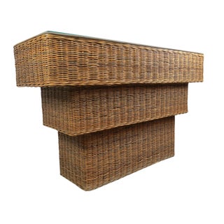 1970s Hollywood Regency Wicker Rattan Console Table For Sale