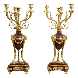 Antique Napoleon III Candelabra/Flambeaux in Gilded Bronze and Red Griotte Marble, France, 19th Century, Set of 2 For Sale