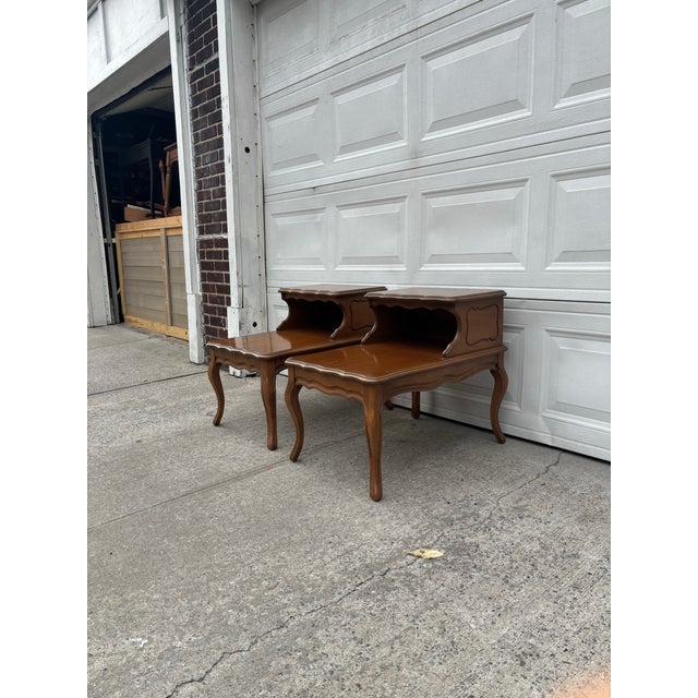 Matching Vintage French Provincial Step Tables, Mid Century Two Tier End Tables With Cabriole Legs, Maple Wood Nightstands, Matching Tables For Sale - Image 4 of 11