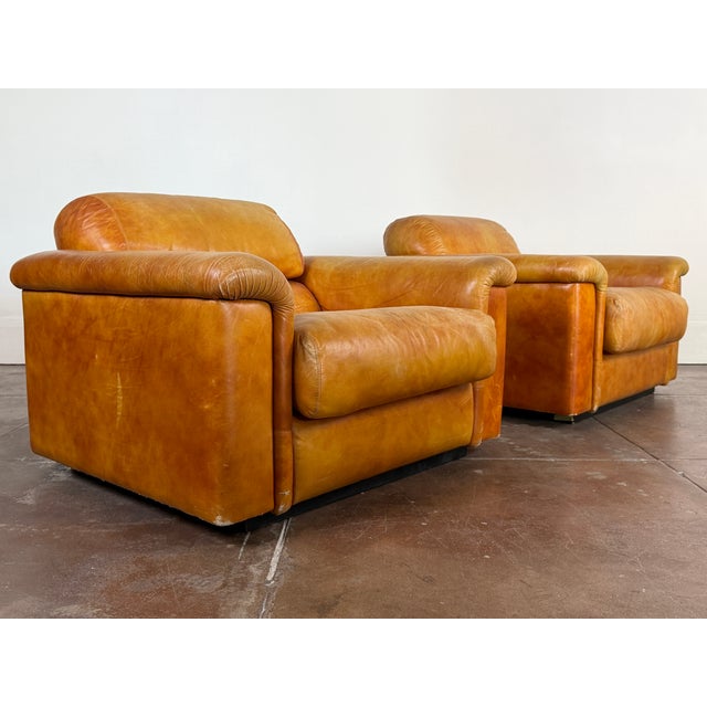 Mid-Century Modern Vintage 1970's Italian Cognac Leather Lounge Chairs For Sale - Image 3 of 16