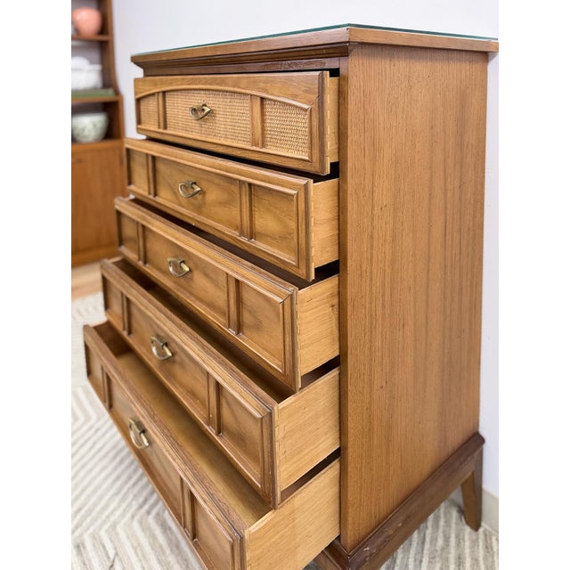 Wood Dixie MCM Tallboy Dresser Woven Drawer Fronts Brass Pulls Vintage Furniture For Sale - Image 7 of 11